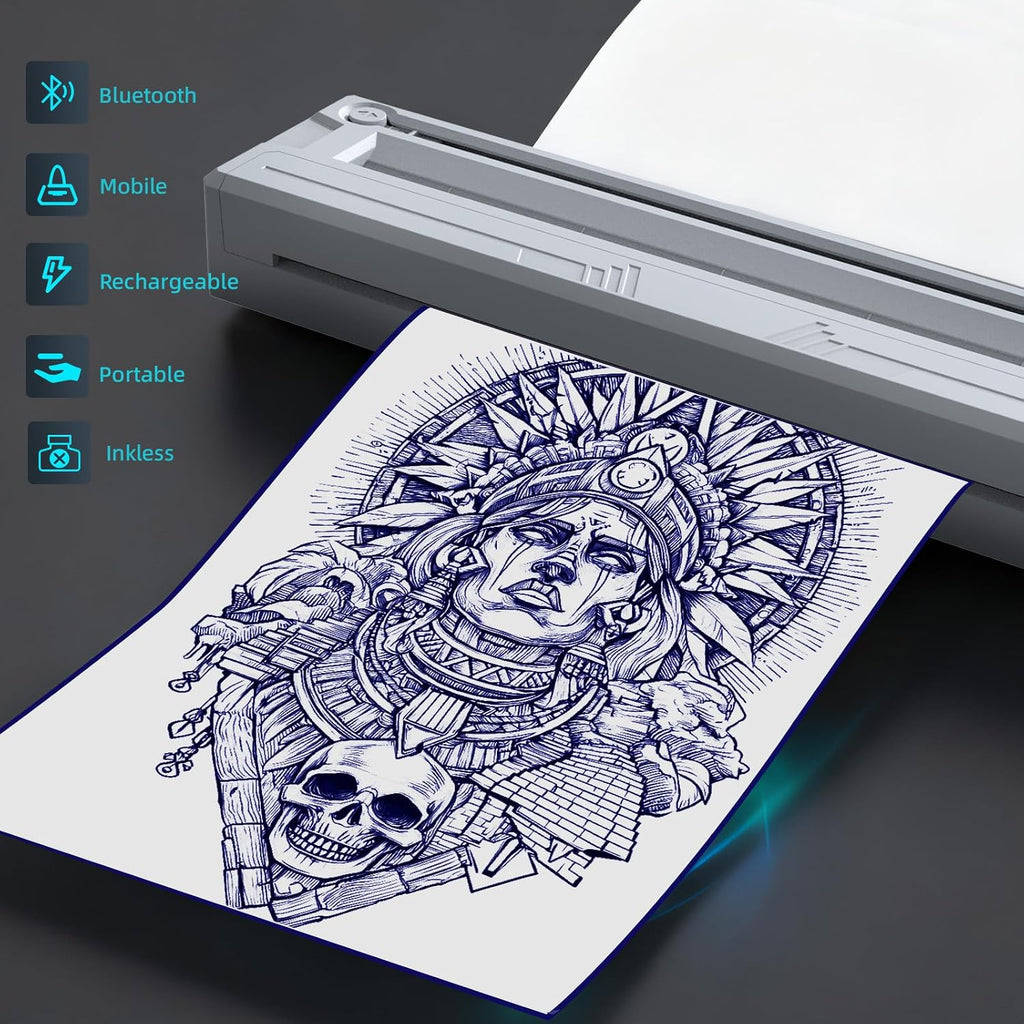 New Tattoo Stencil Printer - Wireless Bluetooth Thermal Kit with 10 Transfer Papers, Fits Custom-Size A4-A8 Width