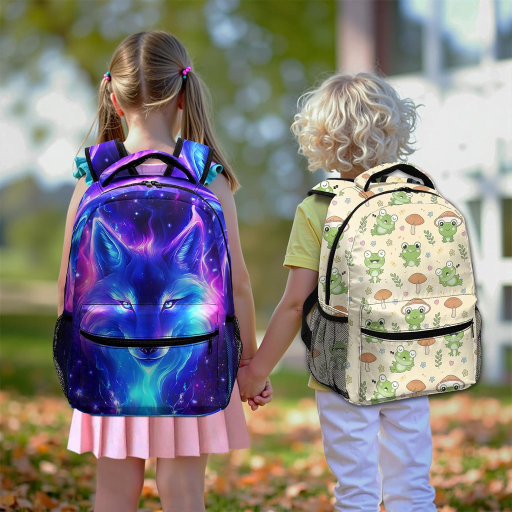 Wolf Galaxy Backpack for Boys Girls Cool Starry Sky Wolf Kids Bookbag Blue Purple Animal Print School Bag Lightweight
