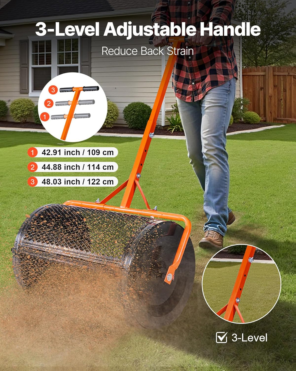 Compost Spreader, 24 in Wide Peat Moss Spreader with T Shaped Handle, 3 Heights Adjustable, Powder-Coated Steel