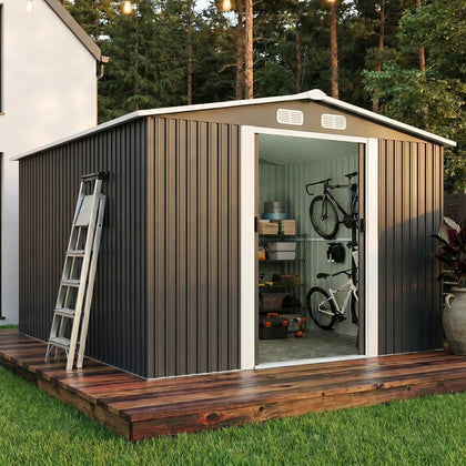 10x8 Metal Storage Shed Outdoor Steel Garden Tool Shed with Sliding Door, Large Utility Shed, Metal Shed for