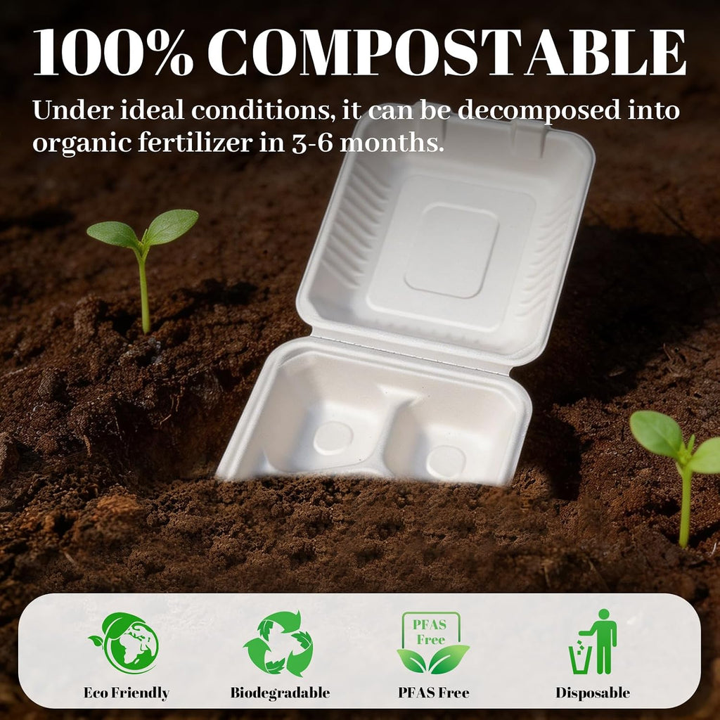 100 Pack 8×9 Inch 3-Compartment Compostable Bagasse Food Containers