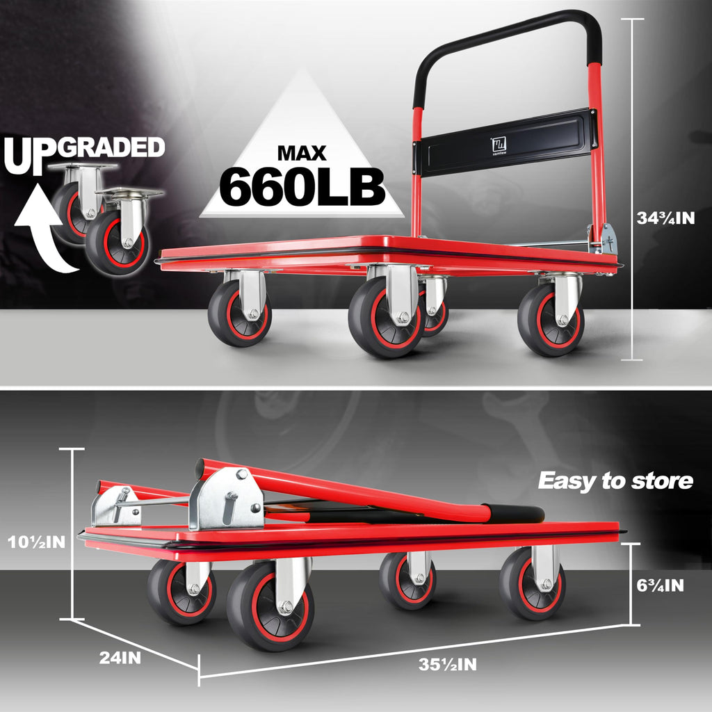 Push Cart Dolly, Foldable Moving Platform Flat Cart, 660 lb, Red