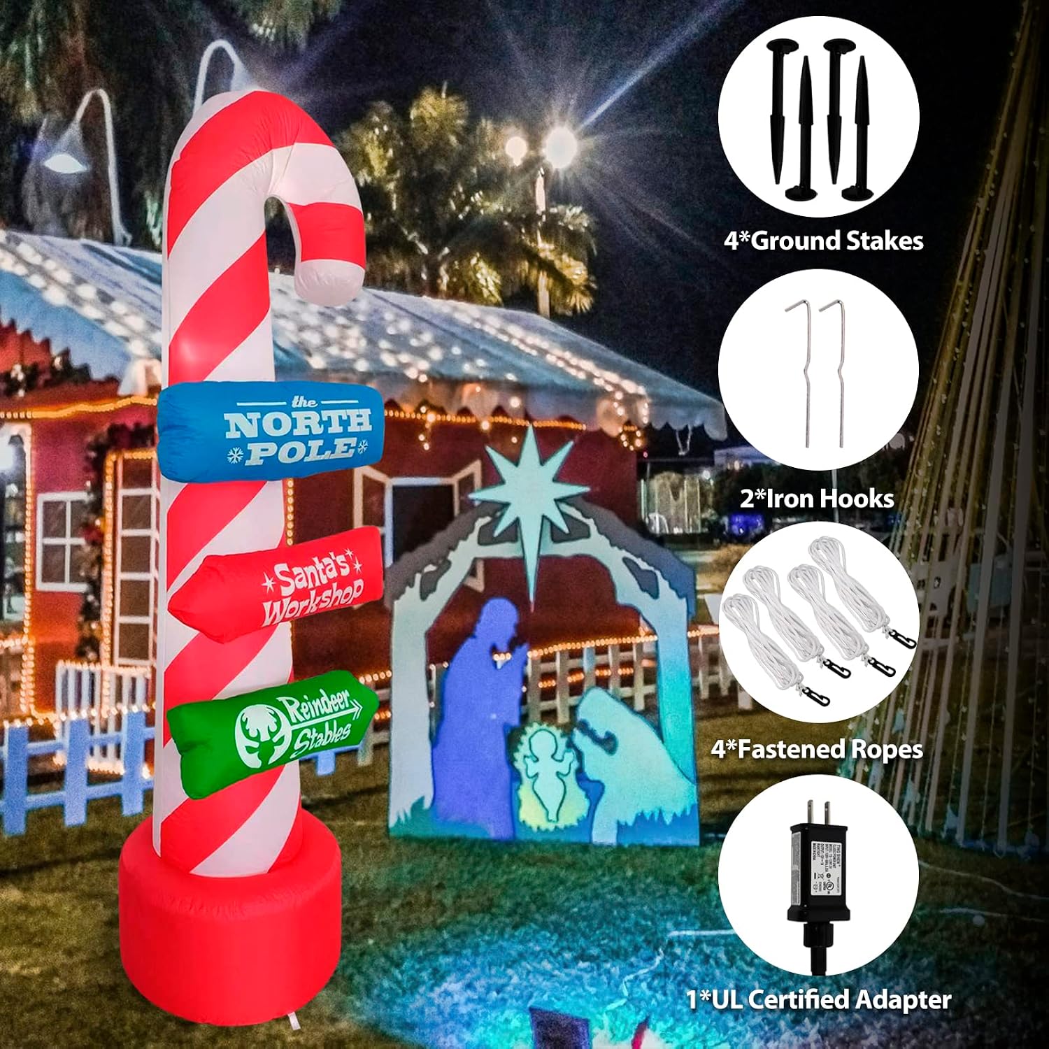 8ft Outdoor Candy Cane Stacking Sign Inflatables with LED Lights - Blow Up Yard, Garden, Lawn Decorations for
