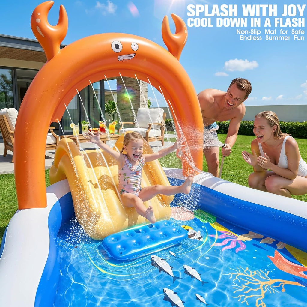 2026 Large Inflatable Play Center,Toddler Pool with Water Slide&Sprinkler,120"x70"x50"Inflatable Kiddie Pool with