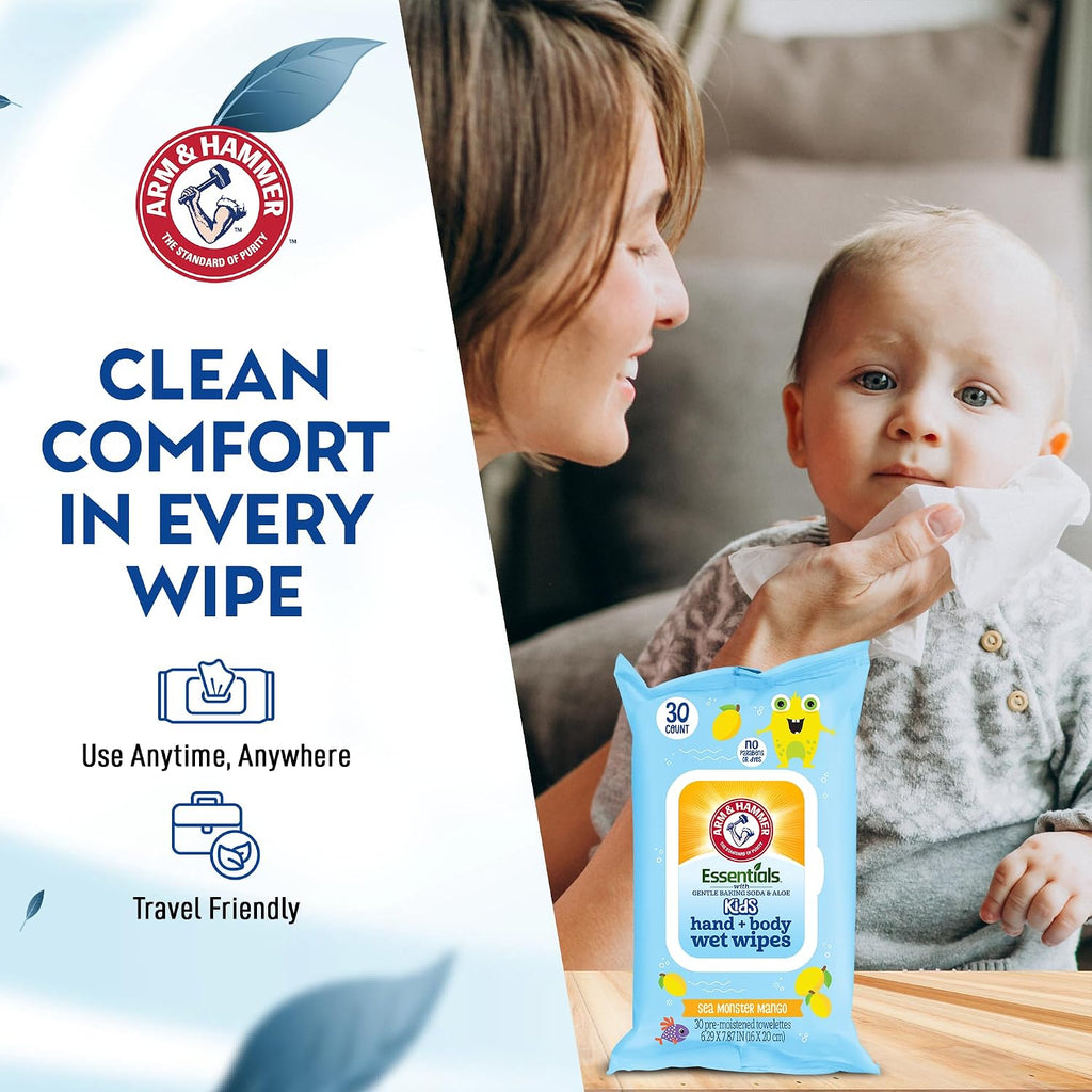 Sea Monster Mango Baby Wipes - 30 Count Travel Friendly Face & Body Wet Wipes - 1 Flip-Top Pack of Towelettes Infused