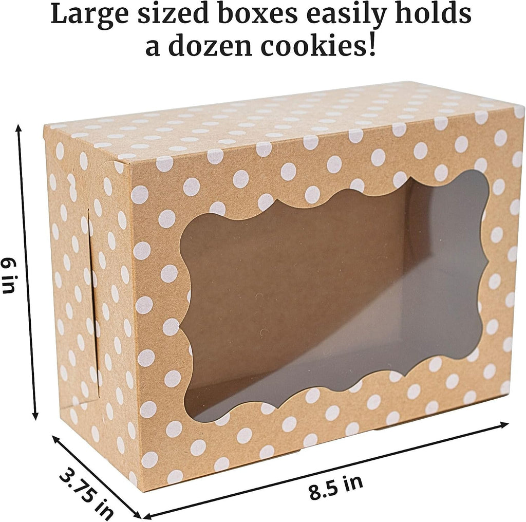 Polka Dot Cookie Boxes - 12 Pack - Brown Bakery Gift Box with Window