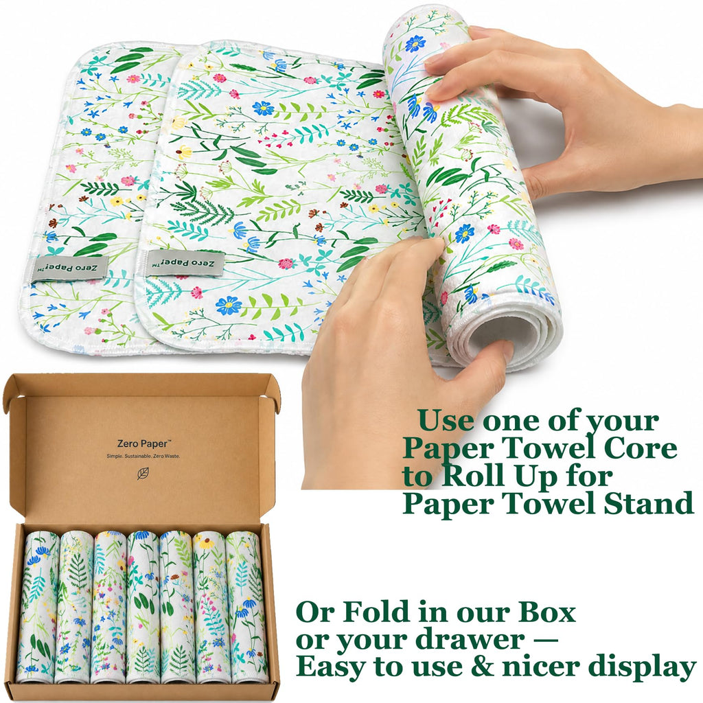 100% Cotton Flannel Reusable Paper Towels - 7 Pack Machine Washable - 3 Layers Extra Absorbent, Zero Waste Soft Cloth