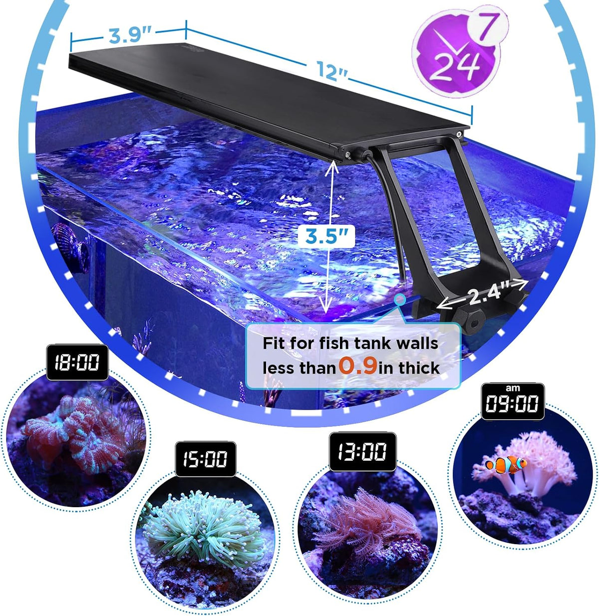 Clip On 24/7 Saltwater Aquarium LED Light, 22W Sunrise-Daylight-Moonlight Mode and DIY Mode, Adjustable Timer