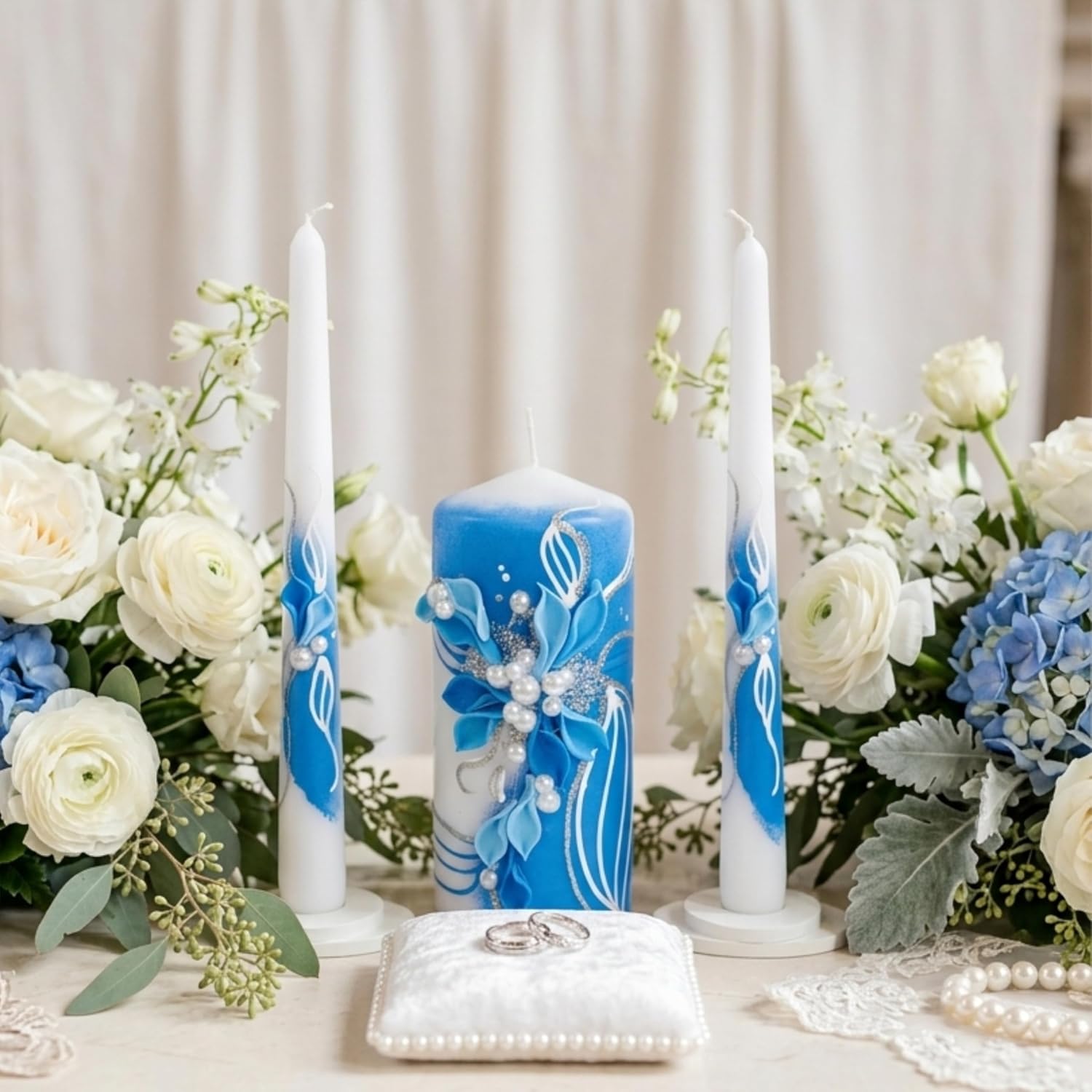 Sapphire Bloom Unity Candle Set for Wedding Ceremony& Reception, Blue & White Handmade Wedding Candles, Unscented 6"