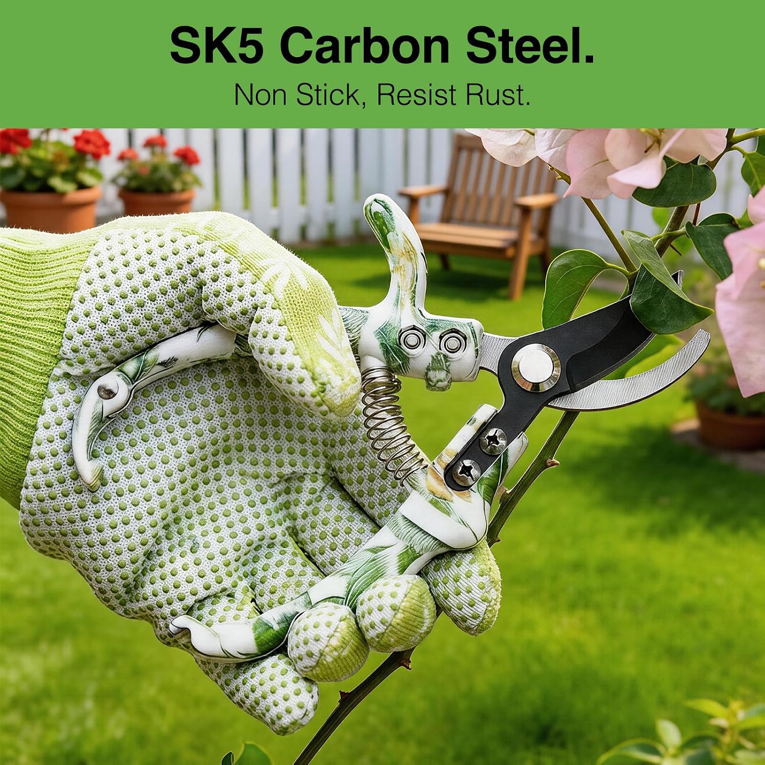 Pruning Shears for Gardening 2-Pack – 6.7" SK5 Bypass Pruner & 7.2" Straight Snips with Non-Slip Gloves – Lightweight