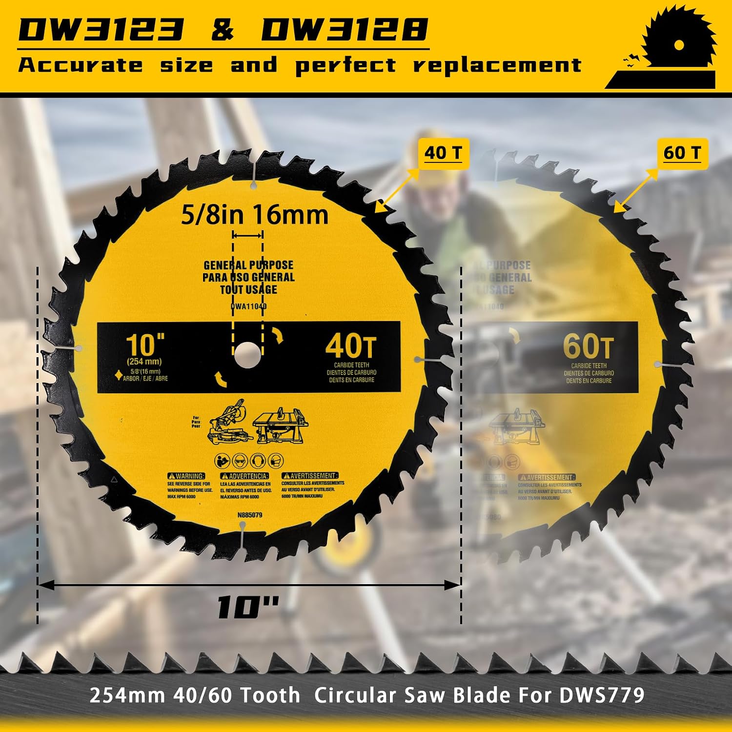 2-Pack 10in 40T/60T Table Saw Blades Compatible with Dewalt | 10in Table/Miter Saw Blade, Replace for