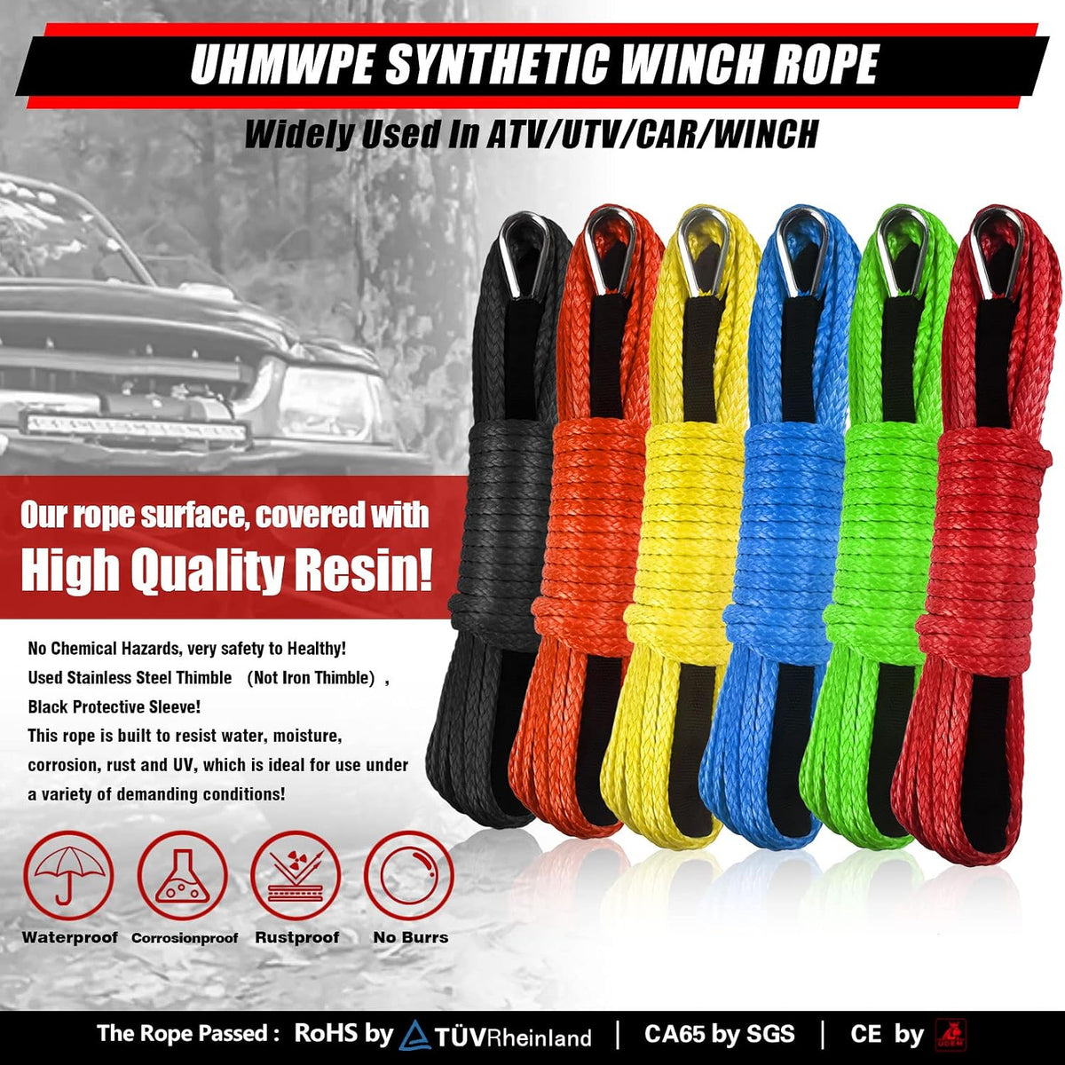 1/4" x 50 ft 10,000LBs Synthetic Winch Line Cable Rope with Black Protecing Sleeve for ATV UTV Winches Truck Boat