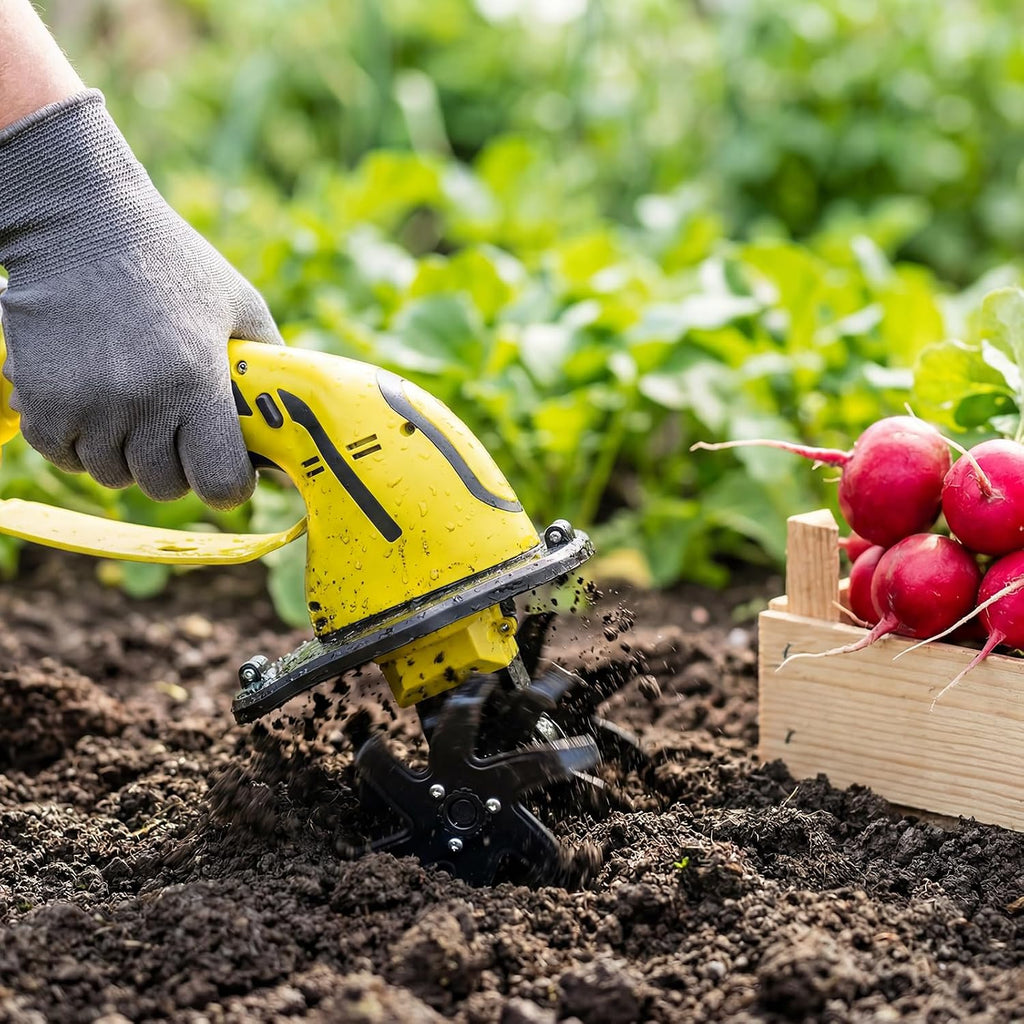 Cordless Tiller Cultivator, 235RPM Electric Hand Tiller with 2×2.0Ah Batteries, 4" Tilling Width & Depth, Powerful
