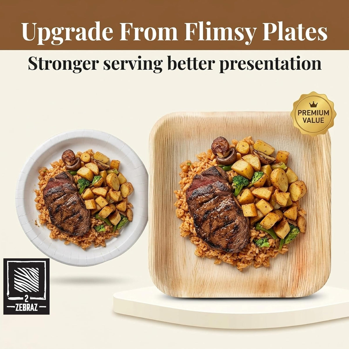 ZEBRAZ Disposable Bamboo Plates, 50-Pack, 10-Inch Dinner & 7-Inch