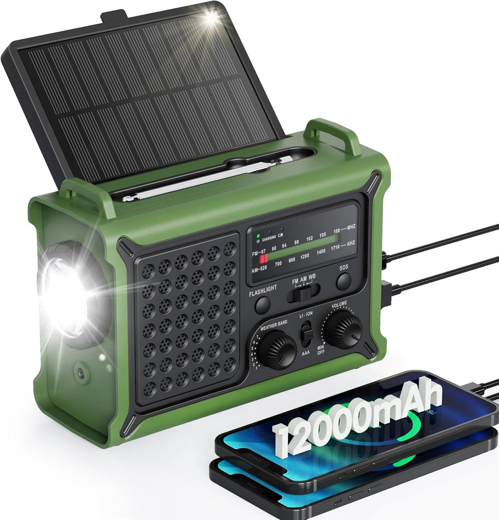 Emergency Weather Radio with Large Solar Panel, Real 12000mAh Battery | Efficient Hand Crank, AM/FM/NOAA Bands, LED