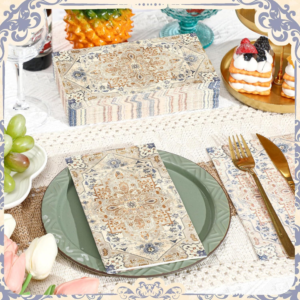100 Pcs Boho Napkins Paper Guest Towels, Orange and Cyan