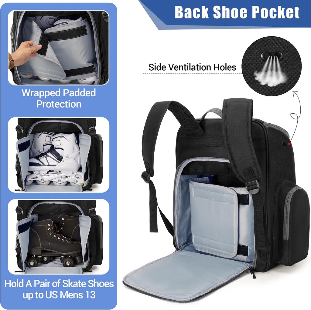 Roller Skate Bag, Ice Skate Bag Backpack with Multiple Pockets | Back Shoe Pocket, Top Helmet Pocket, Padded Shoulder