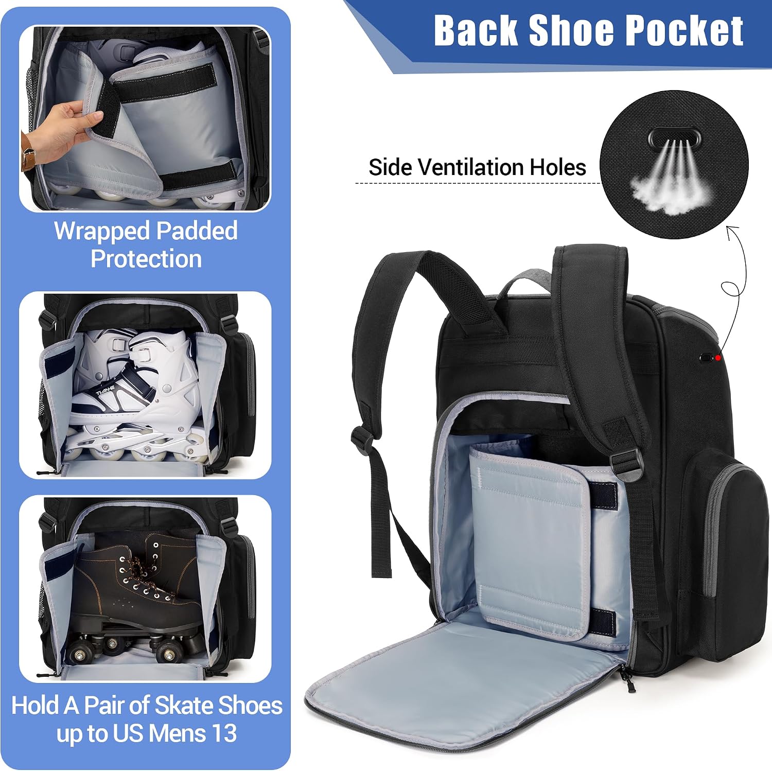 Roller Skate Bag, Ice Skate Bag Backpack with Multiple Pockets | Back Shoe Pocket, Top Helmet Pocket, Padded Shoulder