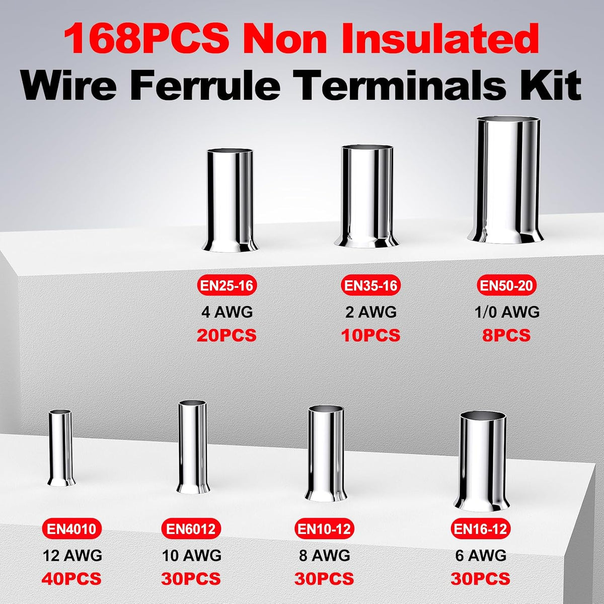AIRIC 12,10,8,6,4,2,1/0 AWG/Gauge Wire Ferrules Kit 168Pcs Crimp Connectors