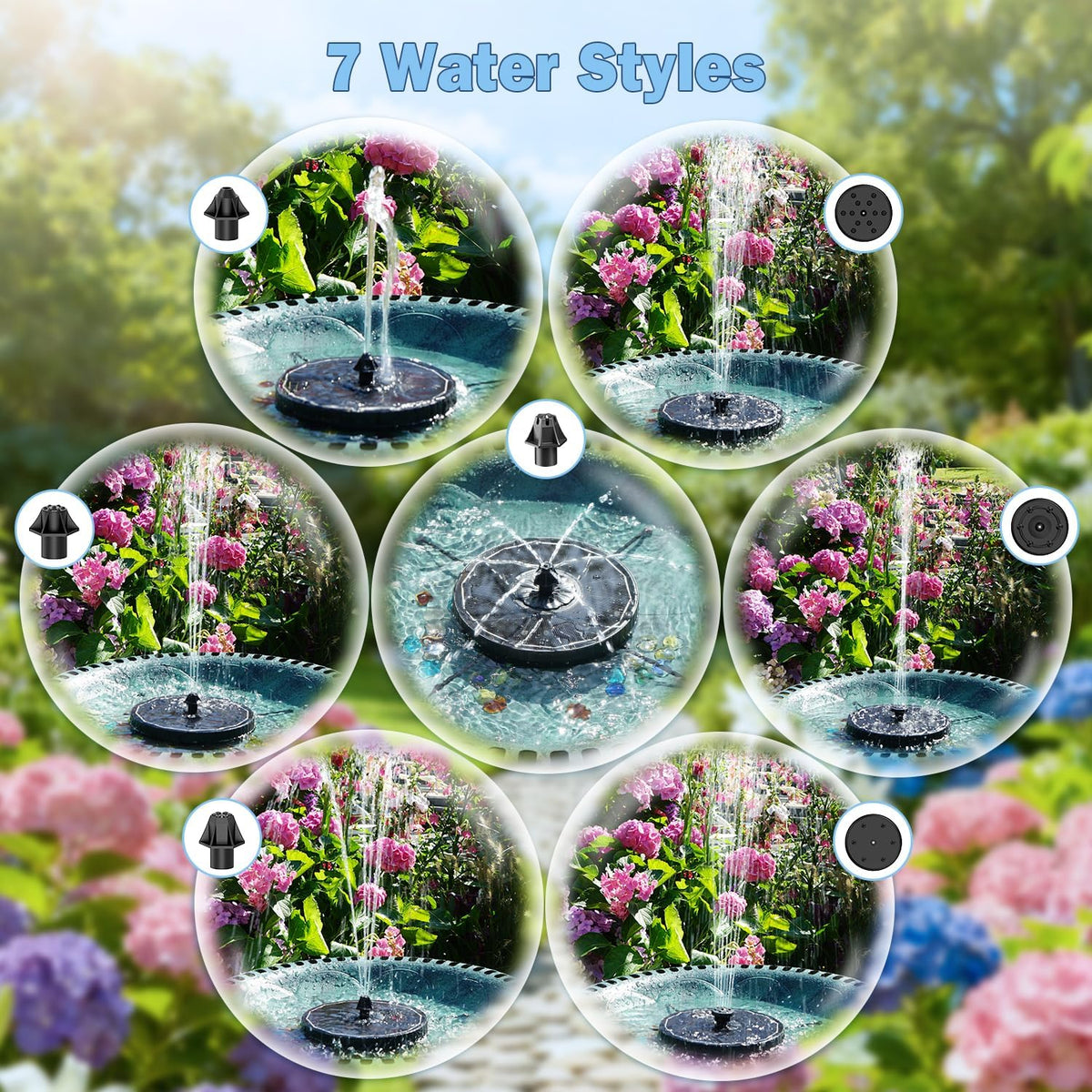 Solar Fountain with 2000mah Battery, 3-Level Adjustable Water Height, Rotating Rods, Works in Shadow, 7 Nozzles, 2026