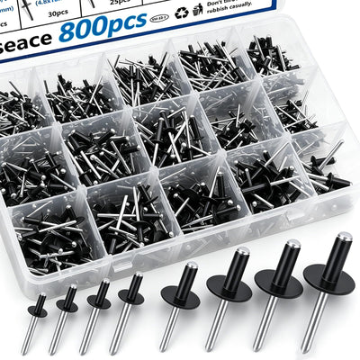 800Pcs Black Large Flange Blind Rivets Assortment Kit – 15-Size Combo 3/32", 1/8", 5/32", 3/16",1/4" Aluminum Pop