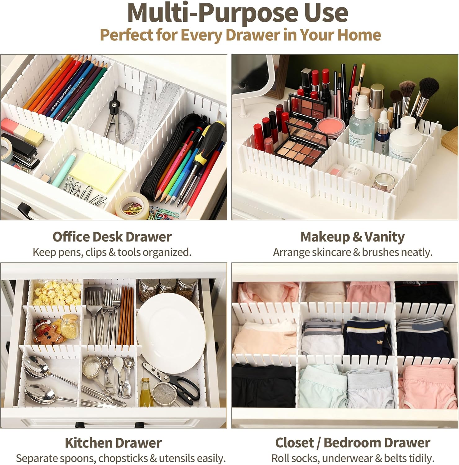 Drawer Divider Adjustable DIY Storage Organizer Separator for Tidying Clutter Cutlery Underwear Socks Clothes Dresses