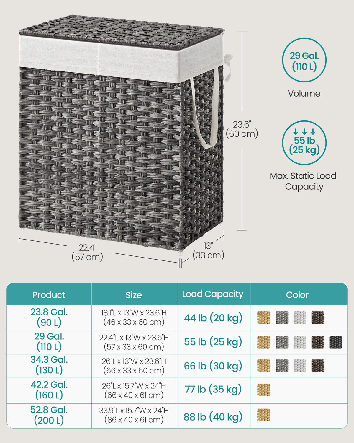 Laundry Hamper with Lid, 110L Double Wicker Basket, 6 Mesh Bags