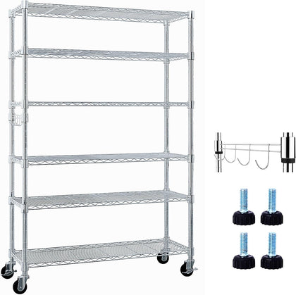 NSF 6‑Tier Heavy Duty Wire Shelving Unit — Adjustable Steel Storage Rack with Wheels, 900 lb Capacity, 46 in L x 17.7