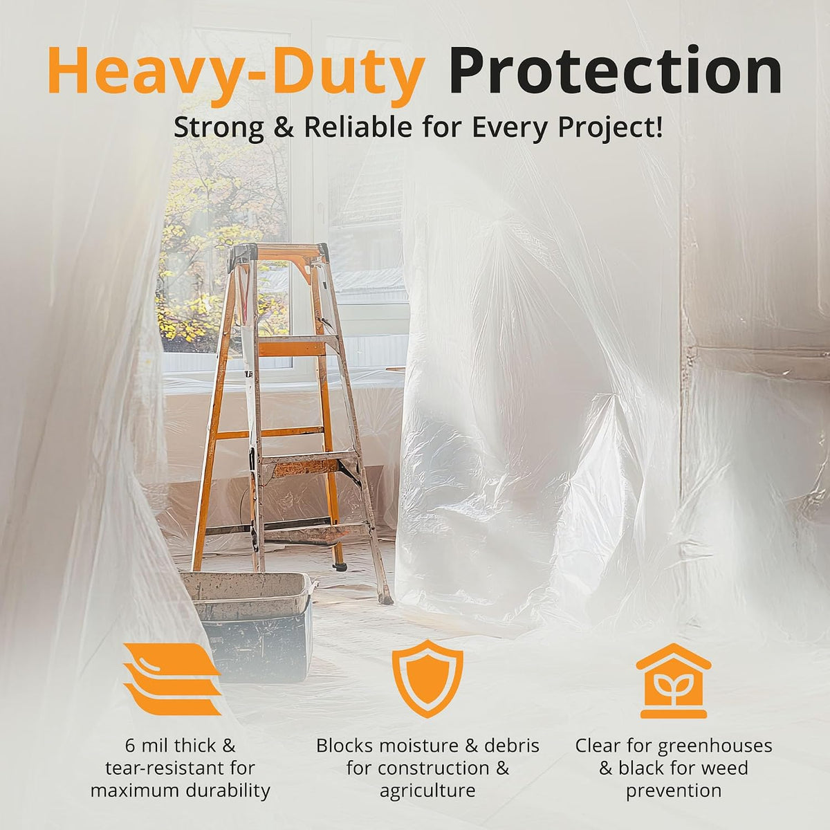 Opaque 6 Mil Plastic Sheeting Roll 10' x 25' Heavy Duty