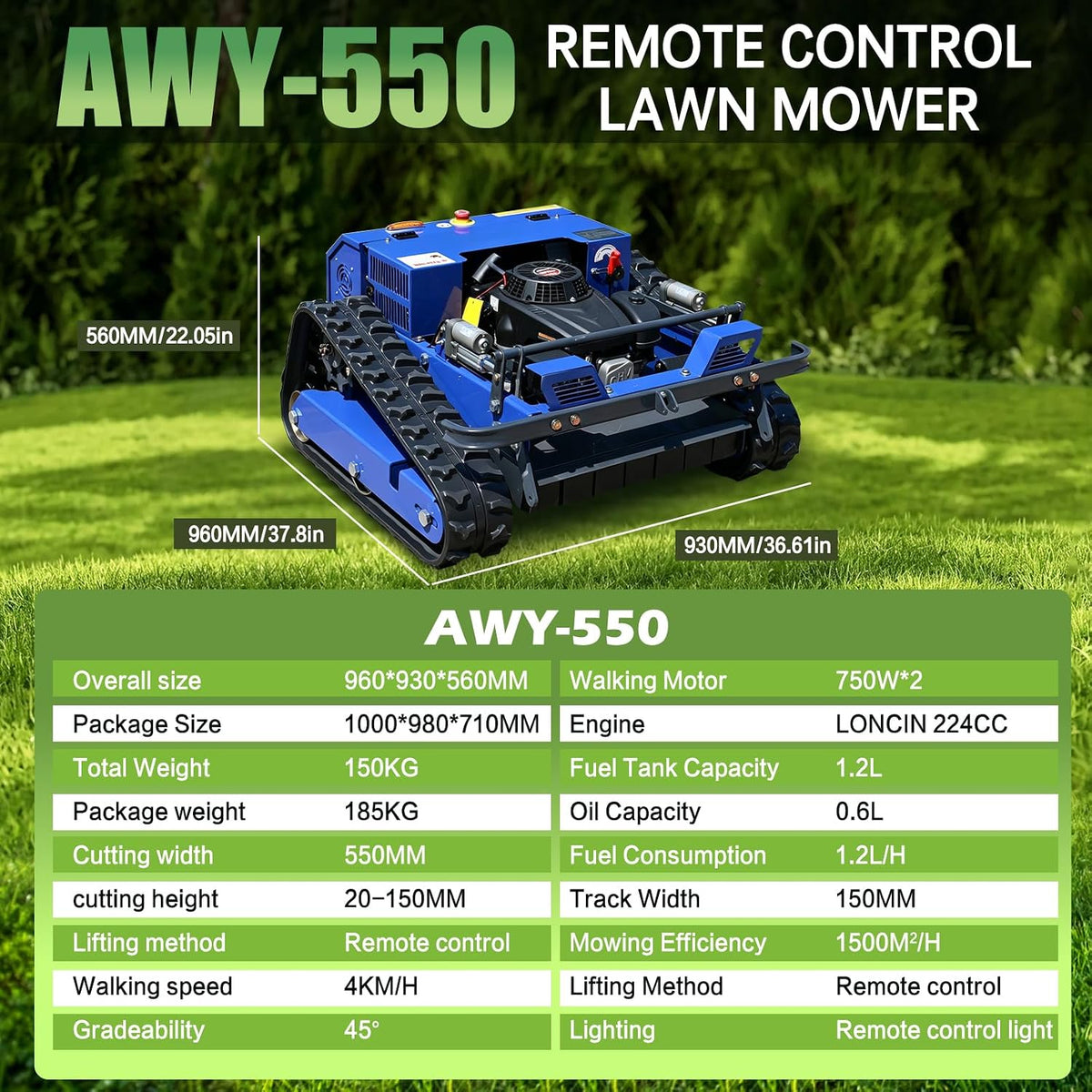 Remote Control Brush Mower – 9HP Gas, 21.7" Cut, 45° Slope, Auto-Retract Blades, 1600W Brushless Drive – for Dense