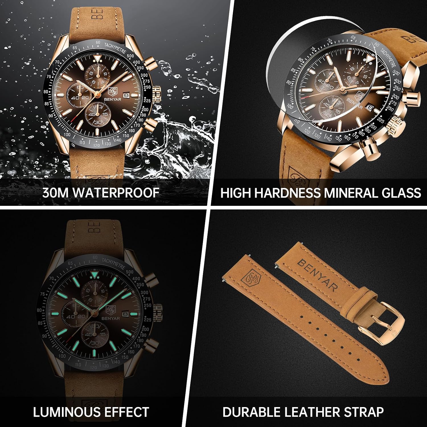 Watches for Men, Analog Quartz Movement Chronograph Wrist Watch, Leather/Stainless Steel/Silicone Strap, Business