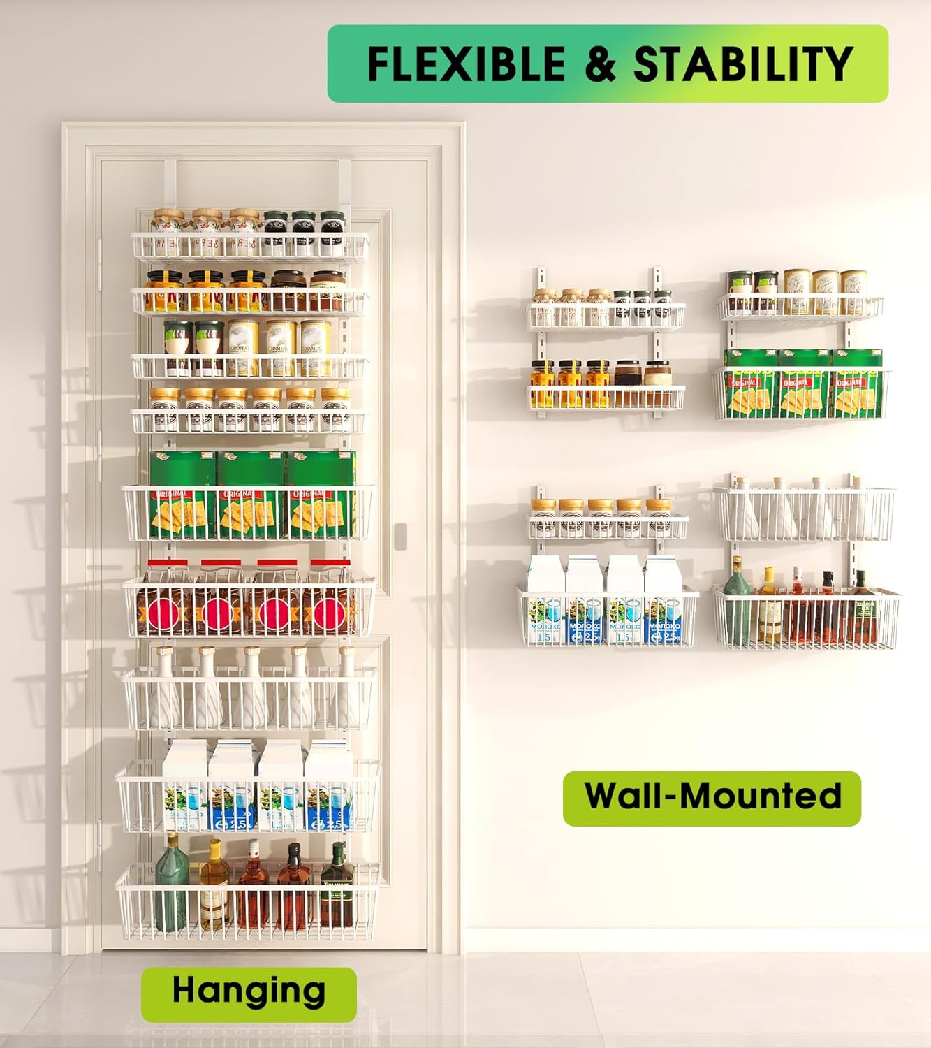 White 9-Tier Over The Door Pantry Organizer, Pantry Organization and Storage, Deep Baskets Hanging Heavy-Duty Metal