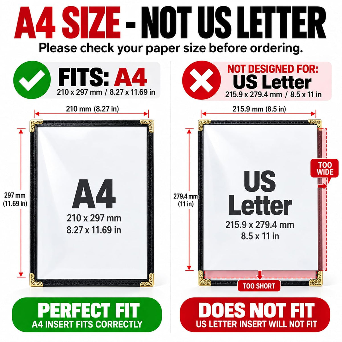 A4 Restaurant Menu Covers, 25 Pack, 8.3 x 11.7 inch, 1 Pocket, 2 Views