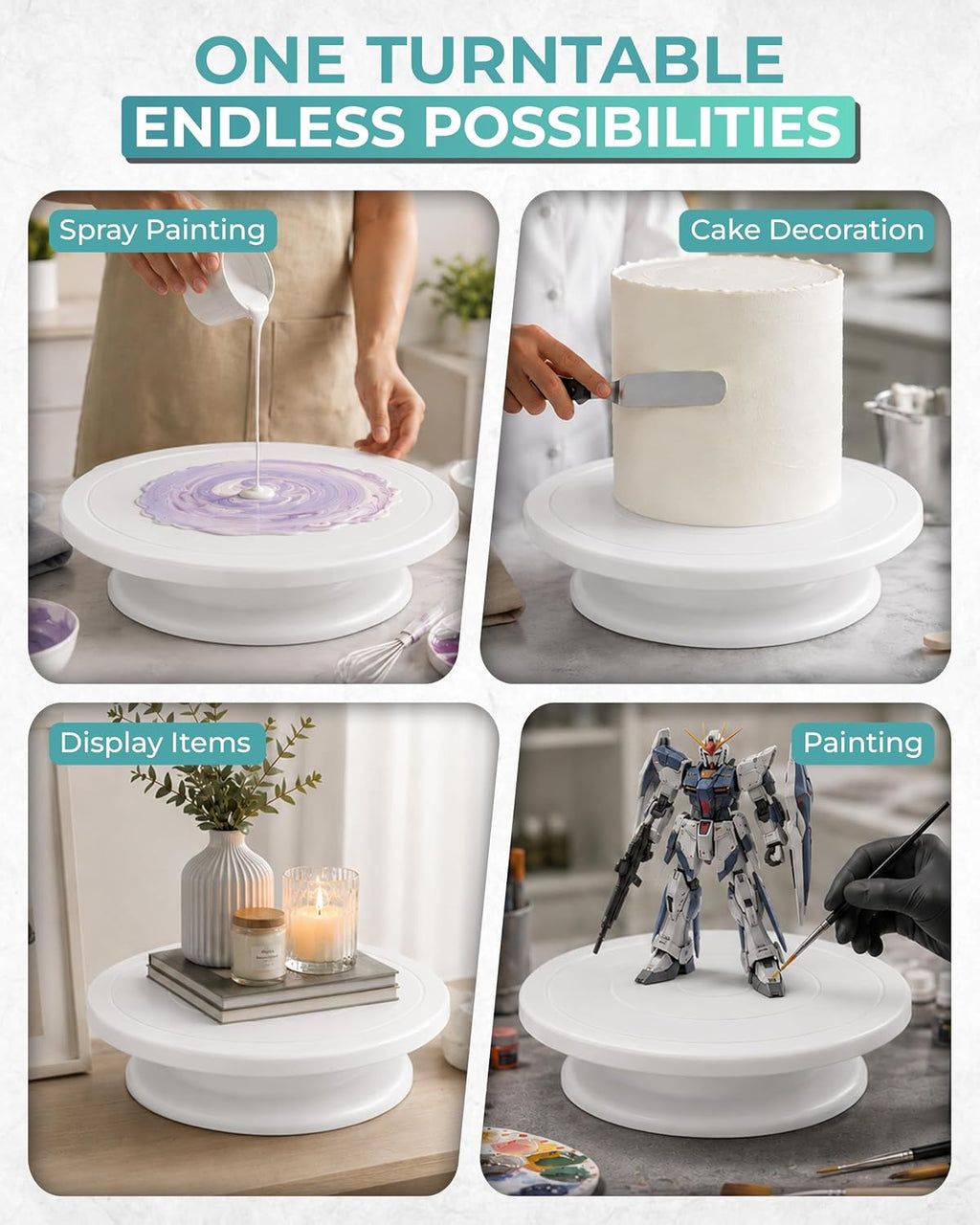 11 Inch Plastic Cake Decorating Turntable, Rotating Cake Stand for Beginners, Smooth Clockwise & Counterclockwise