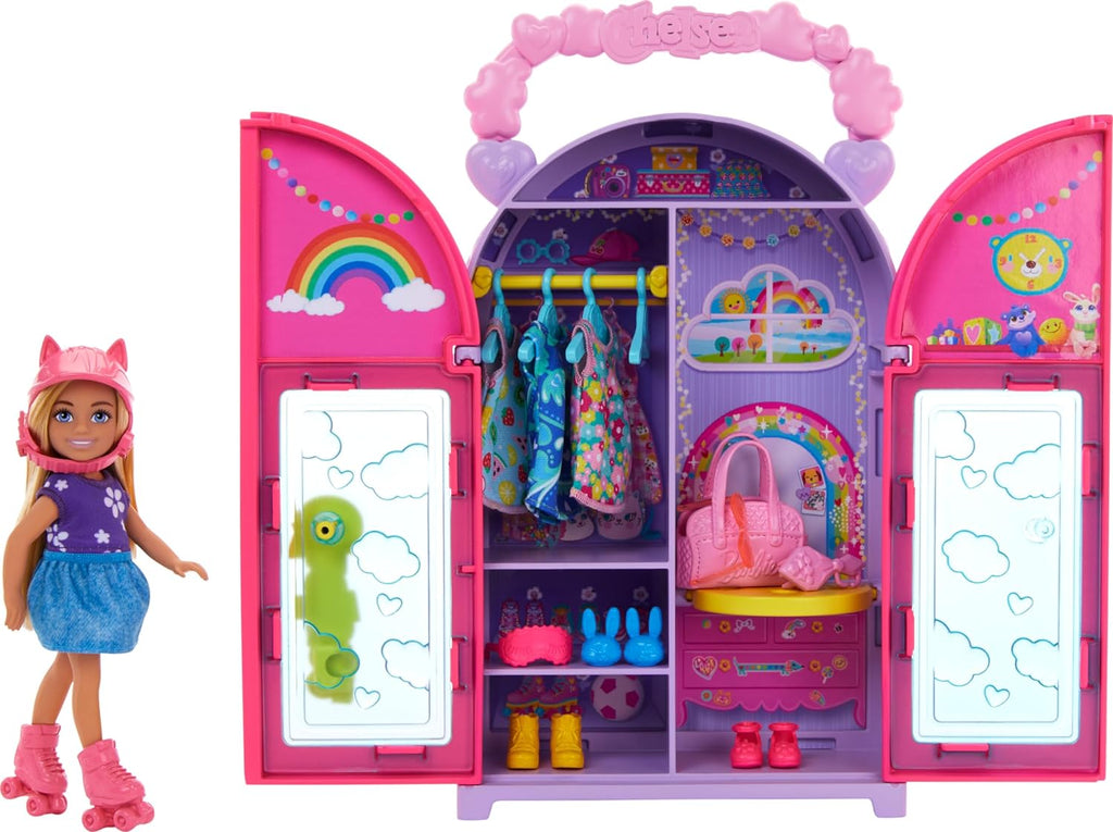 Barbie Chelsea Doll & Closet Toy Playset with 15 Pieces Clothes & Accessories Included, Foldable Set for On-The-Go