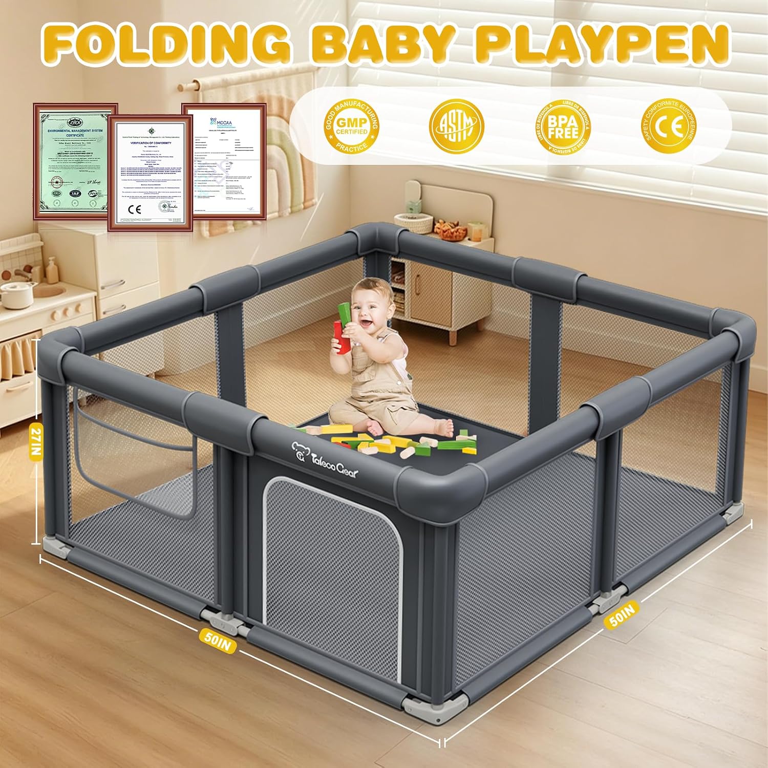 Foldable Baby Playpen, 50"x50" Playpen for Babies and Toddlers, Portable Play Yard with Mat, Baby Fence Play Area