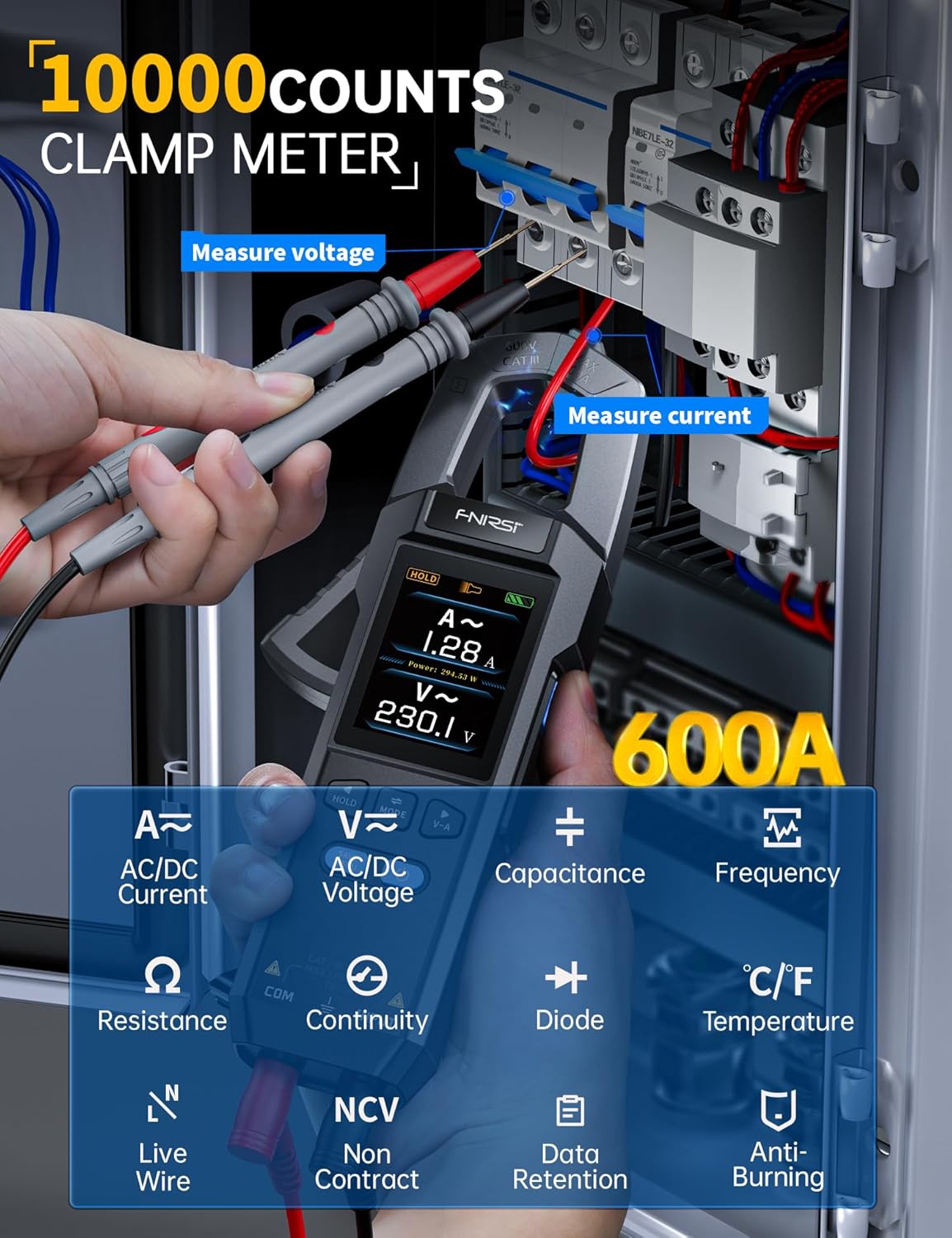 FNIRSI DMC-100 Clamp Meter 9999 Counts TRMS, 600A AC/DC Amp Meter