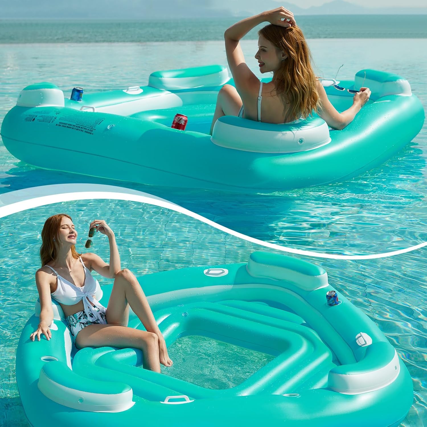 Floating Island Pool Float - Giant Inflatable Multi Person Pool Party Floats Swimming Pool Lounger Raft with Cup