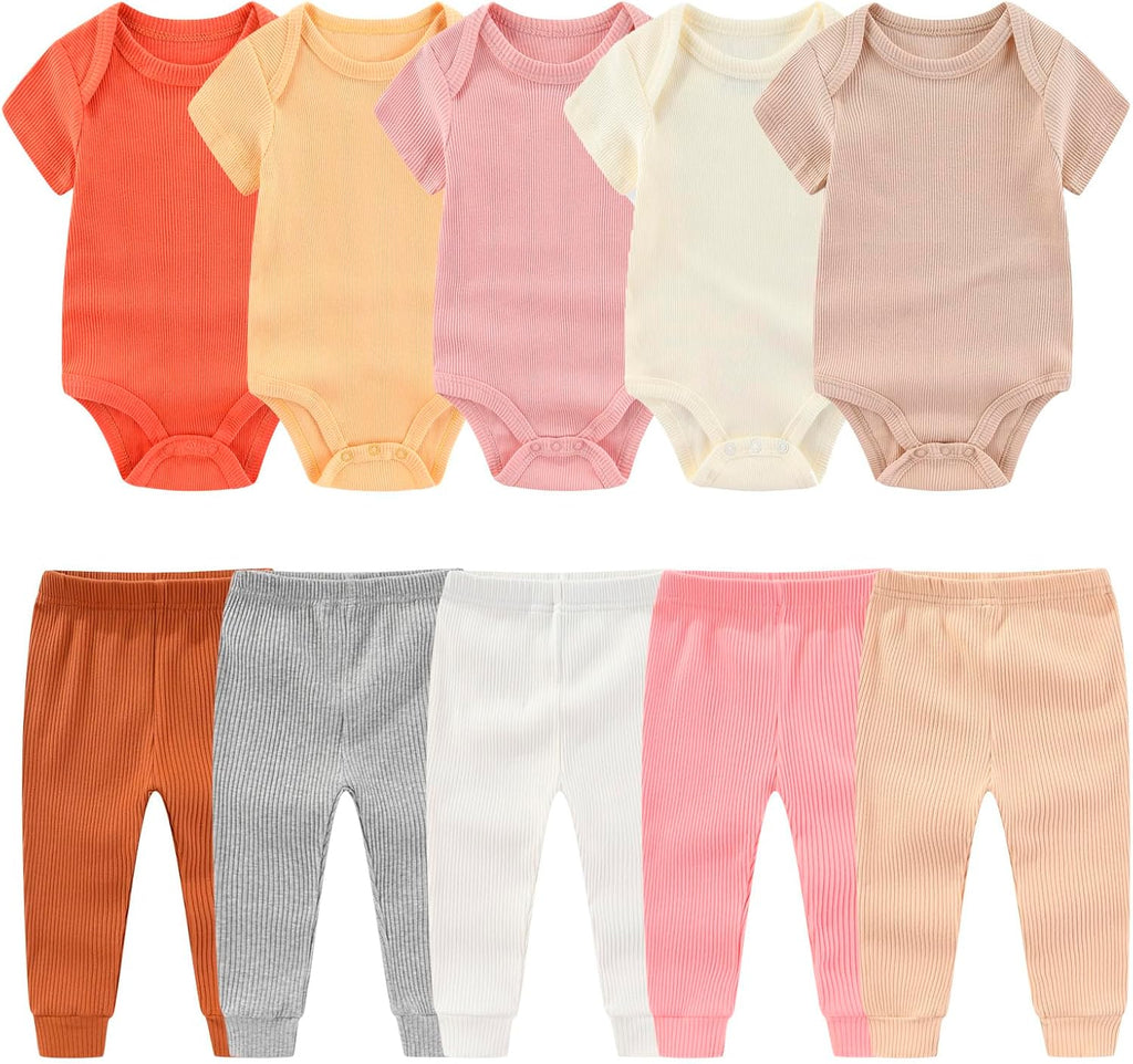 Newborn Baby Layette Gift Set 10-Piece Baby Boy Girl Short Sleeve Bodysuits with Pants Infant Outfit Essentials