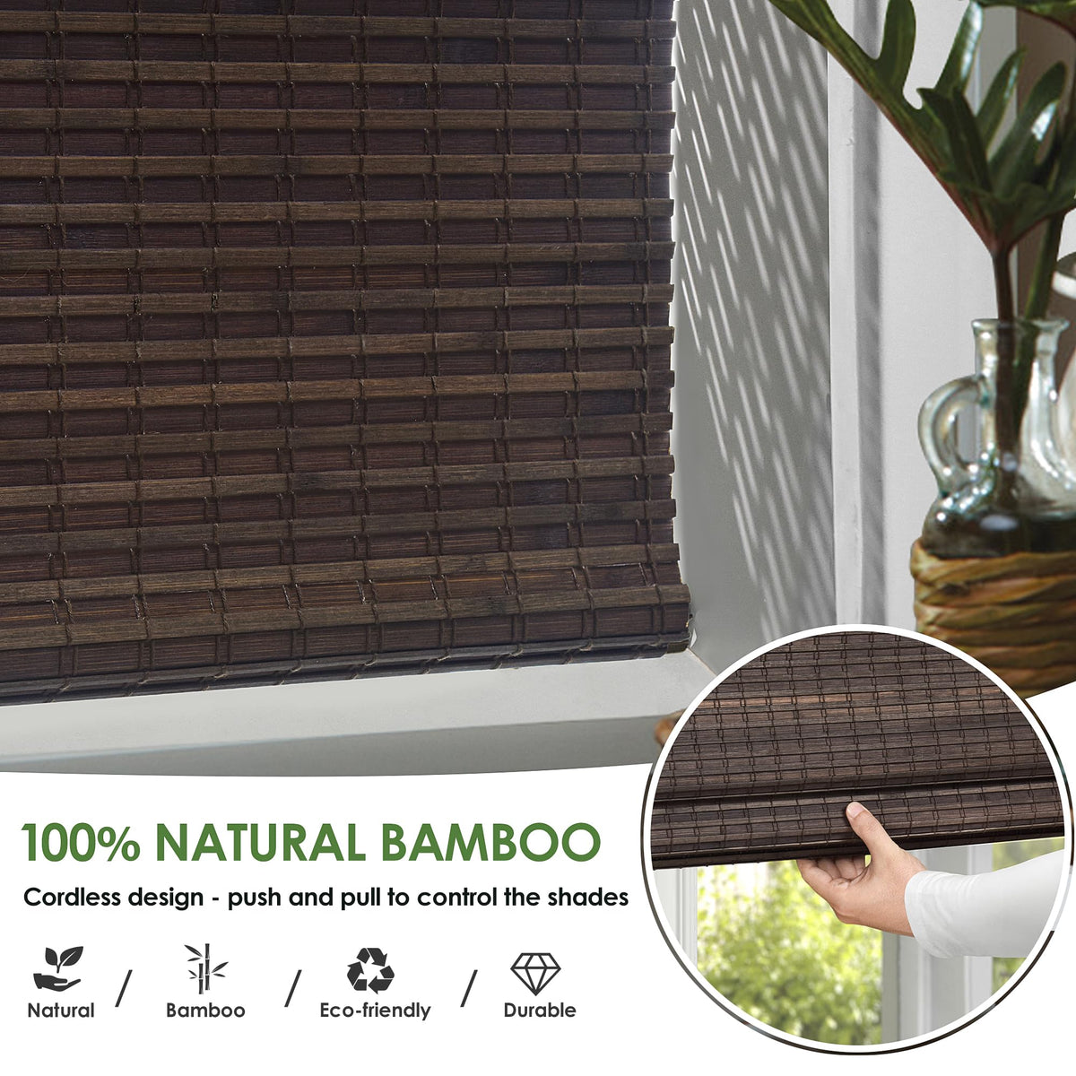 Cordless Bamboo Roman Shades, 31.5x64, BDP-Espresso