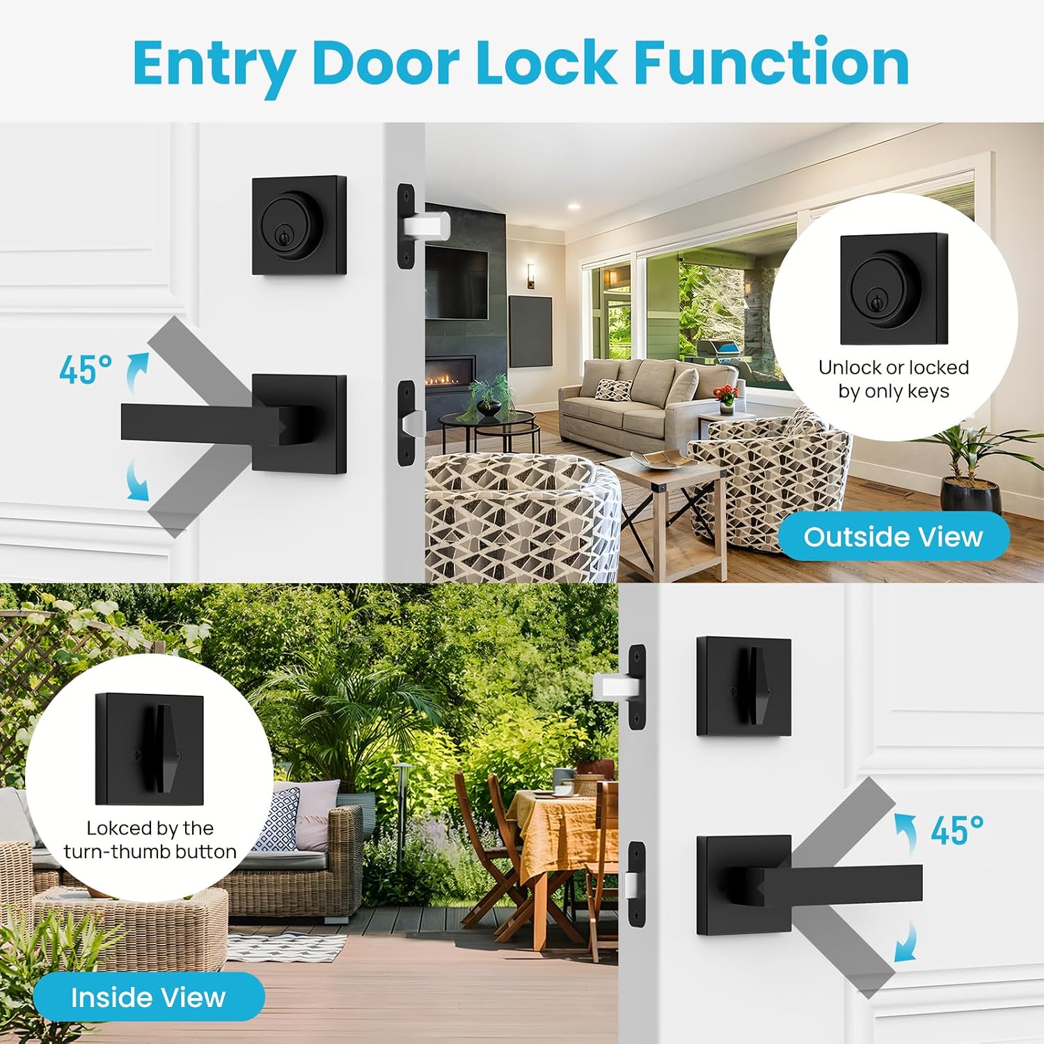 Exterior Door Lock Sets, Matte Black Passage Door Handle and Single Cylinder Deadbolt Lock Combo, Modern Square Door