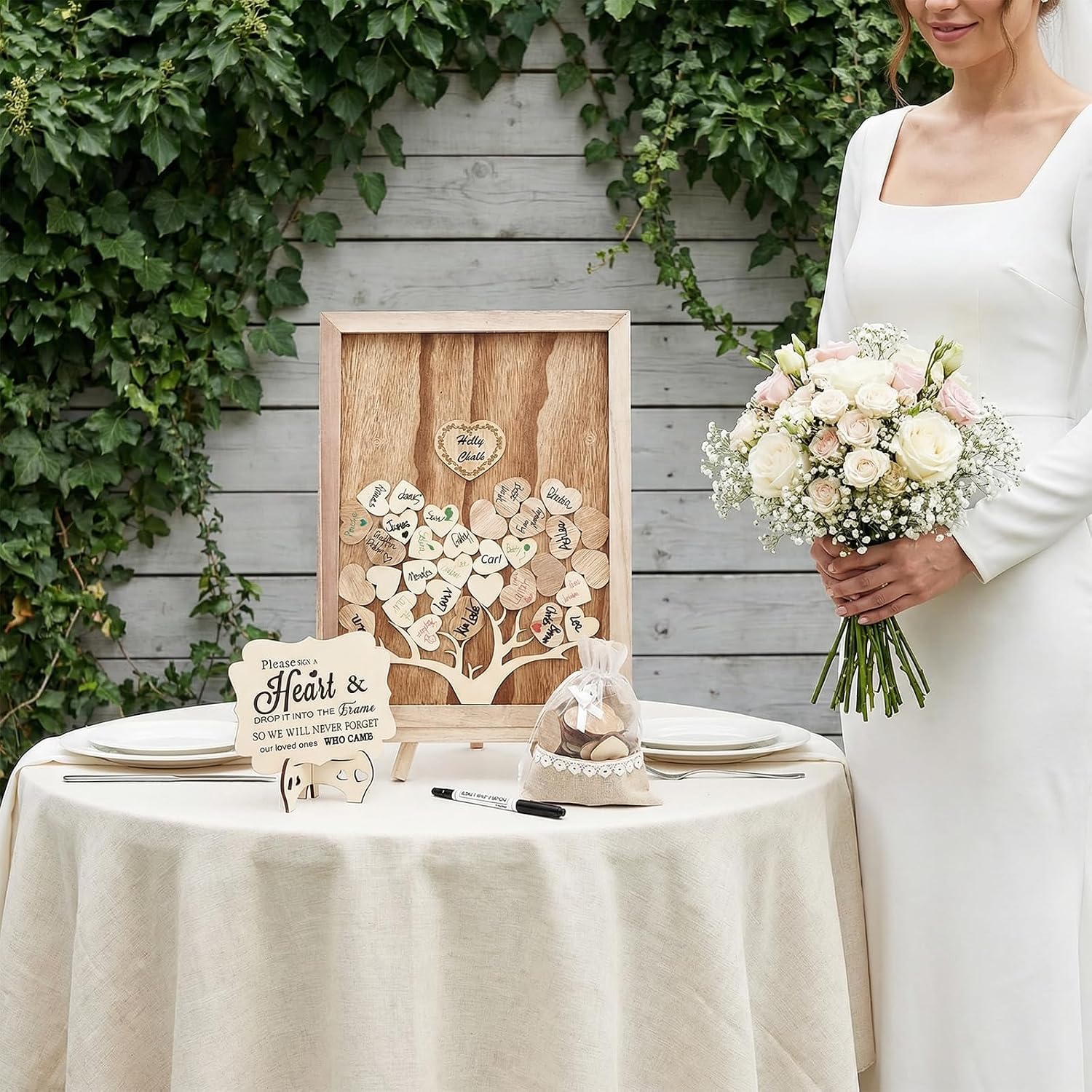 Rustic Wedding Guest Book Alternative, 16x12 Wooden Guest Book Signs for Wedding Decor for Reception, 80 Wood Hearts