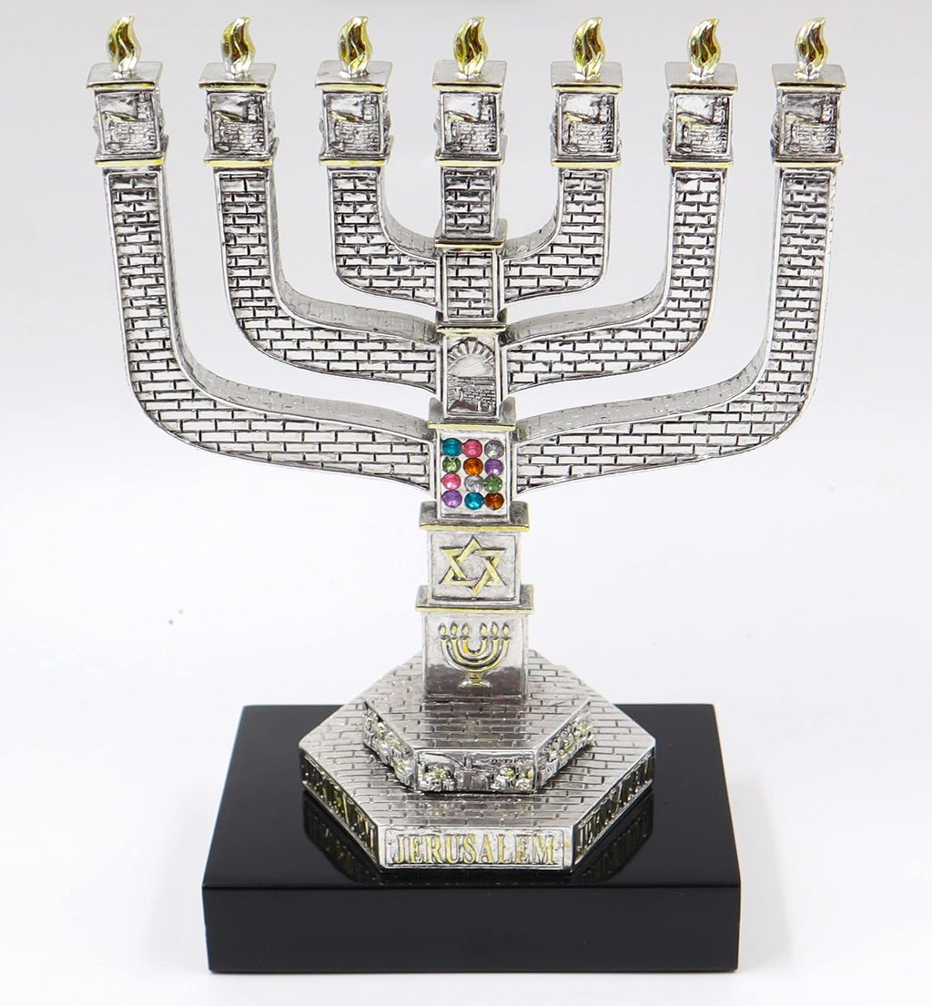 Jerusalem 7 Branch Traditional Menorah Finish, with Hoshen Stones & Star of David, Candlestick Candle Holders (8.2 inch)
