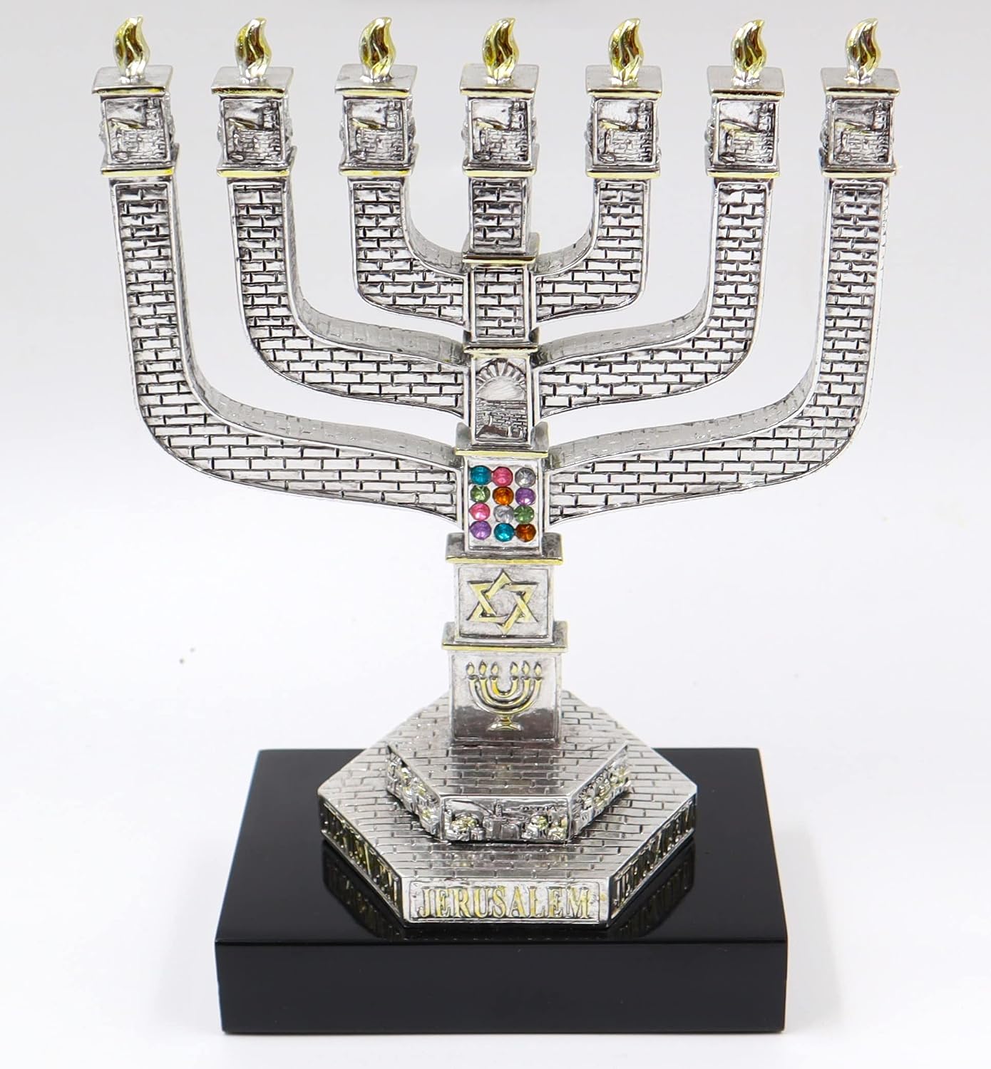 Jerusalem 7 Branch Traditional Menorah Finish, with Hoshen Stones & Star of David, Candlestick Candle Holders (8.2 inch)