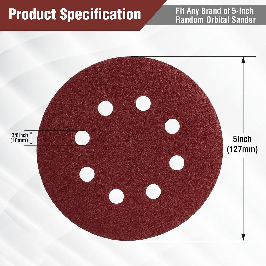 150 Pack 5 Inch Sanding Discs Sandpaper, 8-Hole Hook and Loop | 10 Grits (60/80/100/120/150/180/240/320/400/600) for