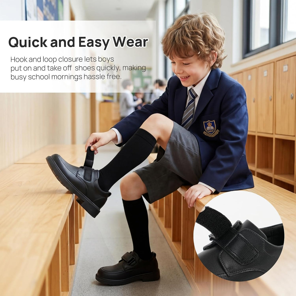Boys School Uniform Shoes Lightweight Kids Formal Dress Shoes Slip-On Loafers with Hook and Loop Strap