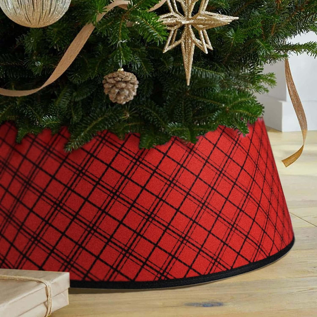 Christmas Tree Collar 25 Inch, Plaid Tree Skirt, Country Rustic Holiday Indoor Decorations, Red & Black（1PS）