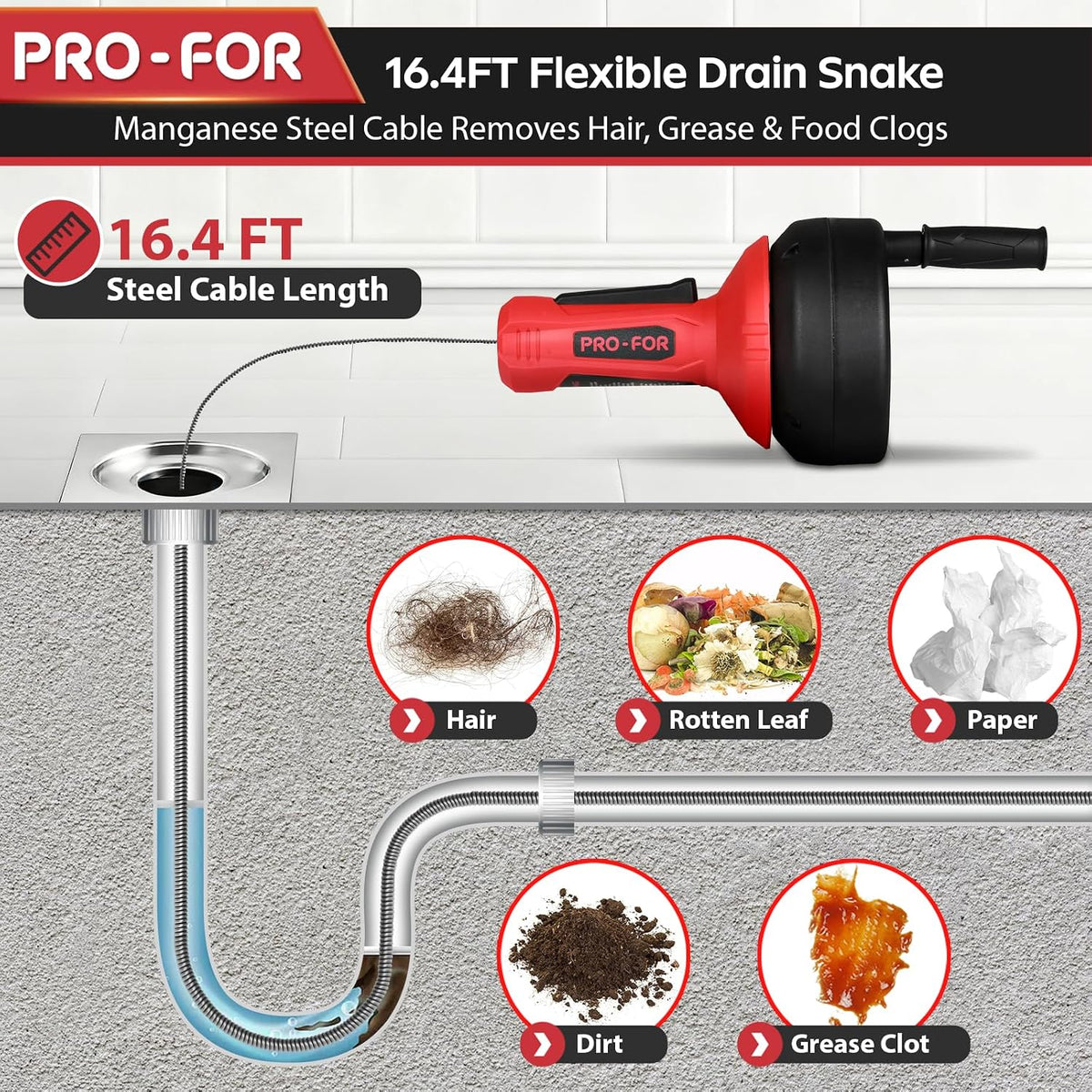 Drain Auger, 16.4FT Plumbing Snake Drain Clog Remover, Manual & Drill Powered Drain Snake for 0.75–2 Inch Pipes