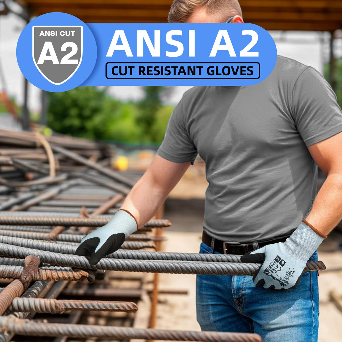 12 Pairs ANSI A2 Cut Resistant Work Gloves for Safety Work，LT5627，M