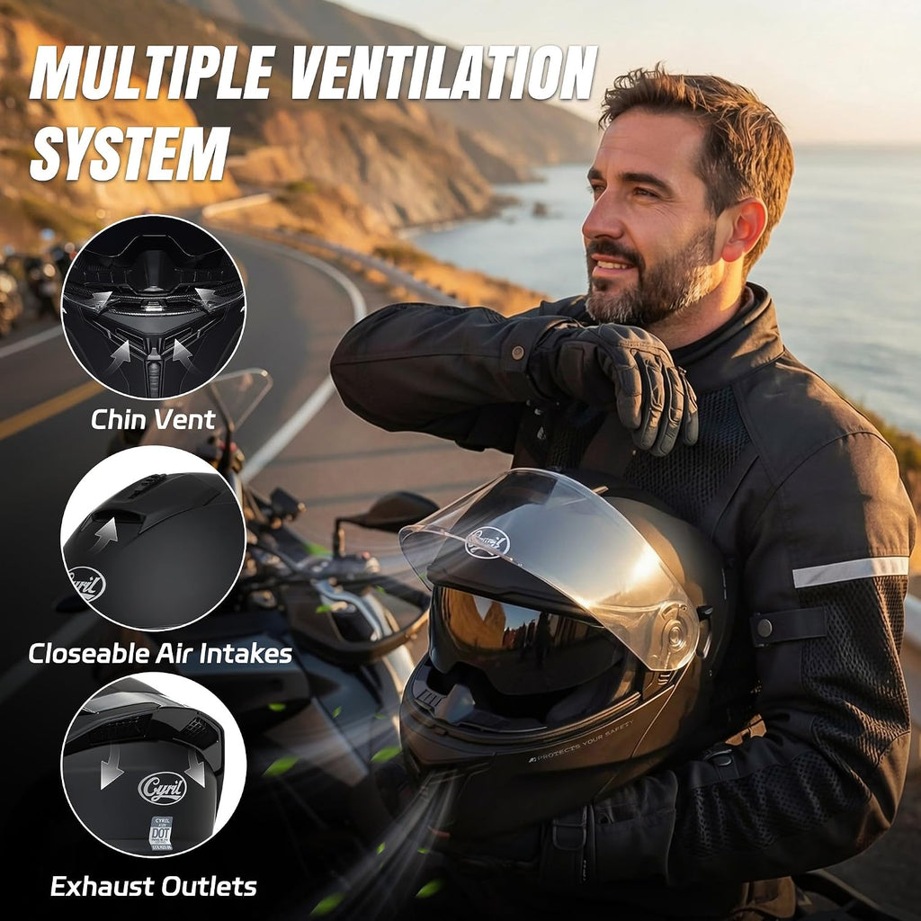 Modular Motorcycle Helmet DOT Approved, Flip Up Full Face for Adults | Intercom ready, eyewear friendly with 3 visors